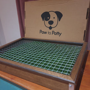 Oak wooden box that covers the real grass patch with puppy guard to prevent chewing and digging in the fresh  grass. Puppy pad alternatives, Grass toilets